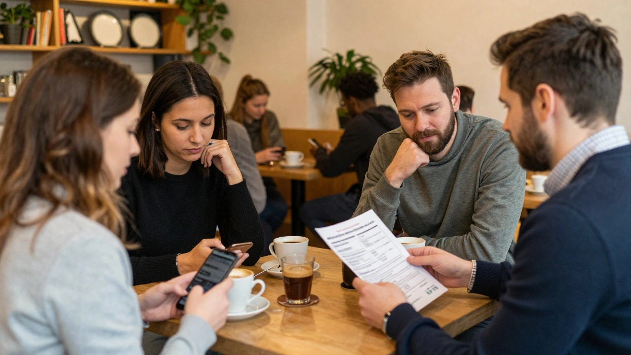 Diverse group of adult workers meeting at a Munich café, sharing tips and supporting each other.
