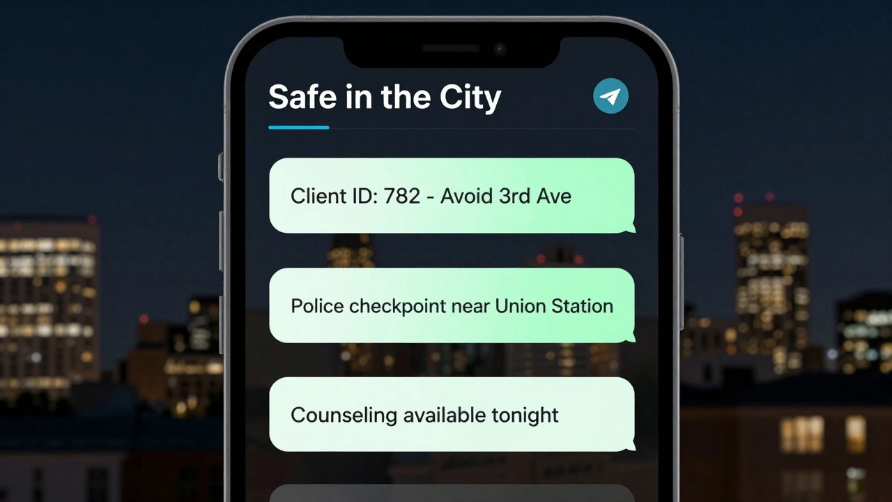 Encrypted chat on a phone showing real-time safety alerts for sex workers