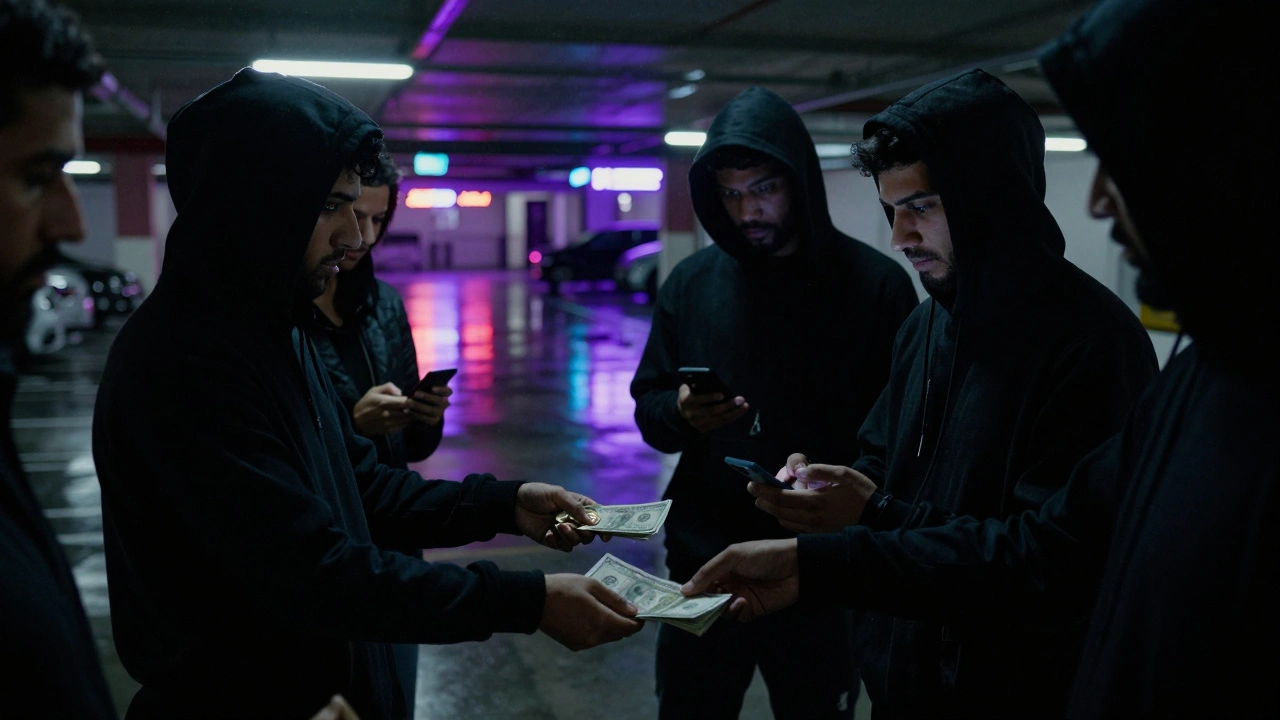 Figures exchange cash in a Dubai parking garage under flickering lights, hooded and wary, conveying invisible networks of survival.