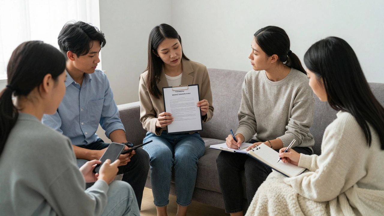 Five symbolic figures representing a support circle in a calm, safe space