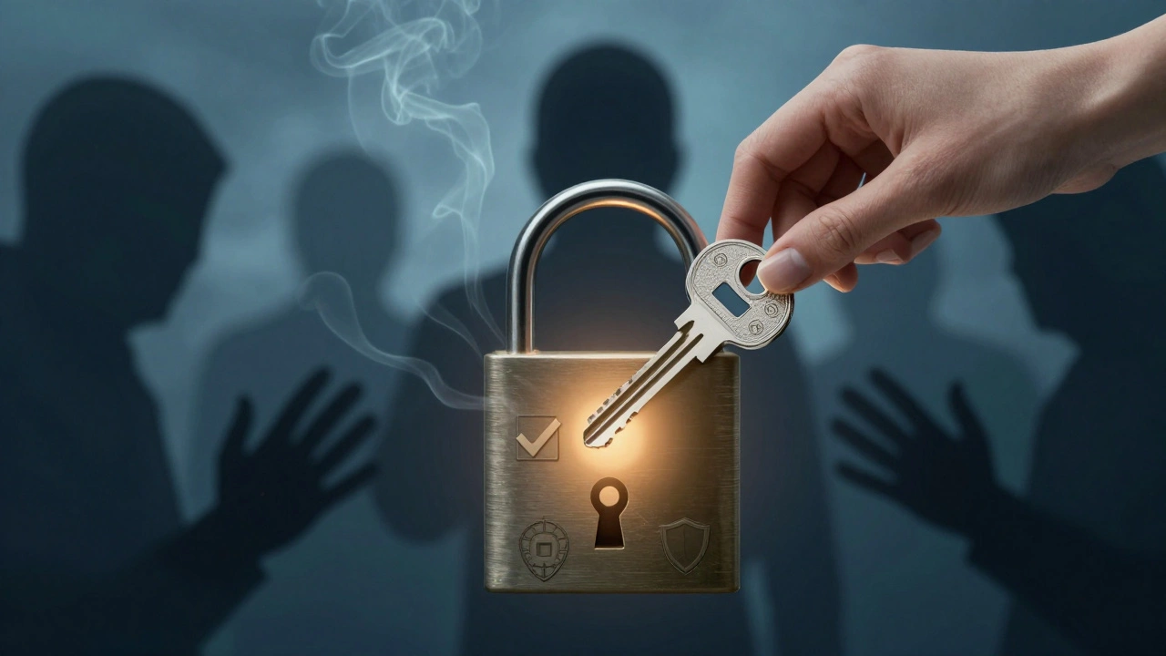 Hand inserting a safety-icon key into a lock, dissolving scammer silhouettes in the background.