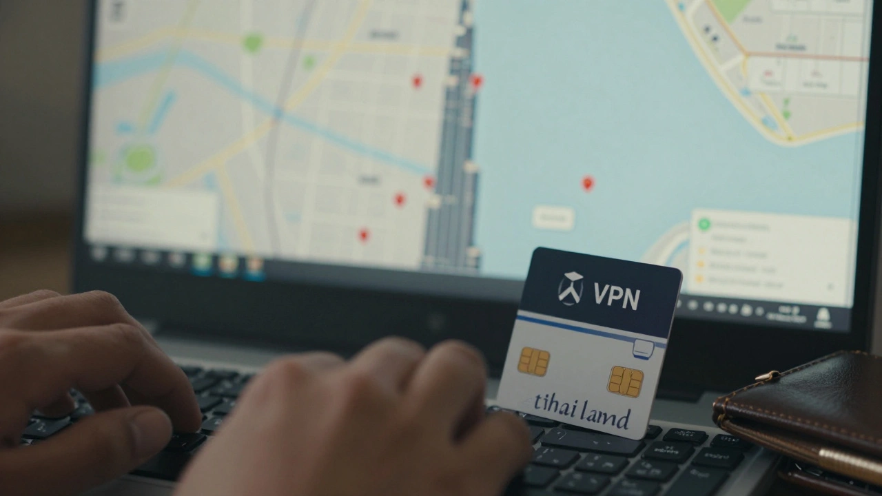 Hand typing with a VPN active, beside a prepaid SIM and hardware wallet, Dubai landmarks blurred in background.