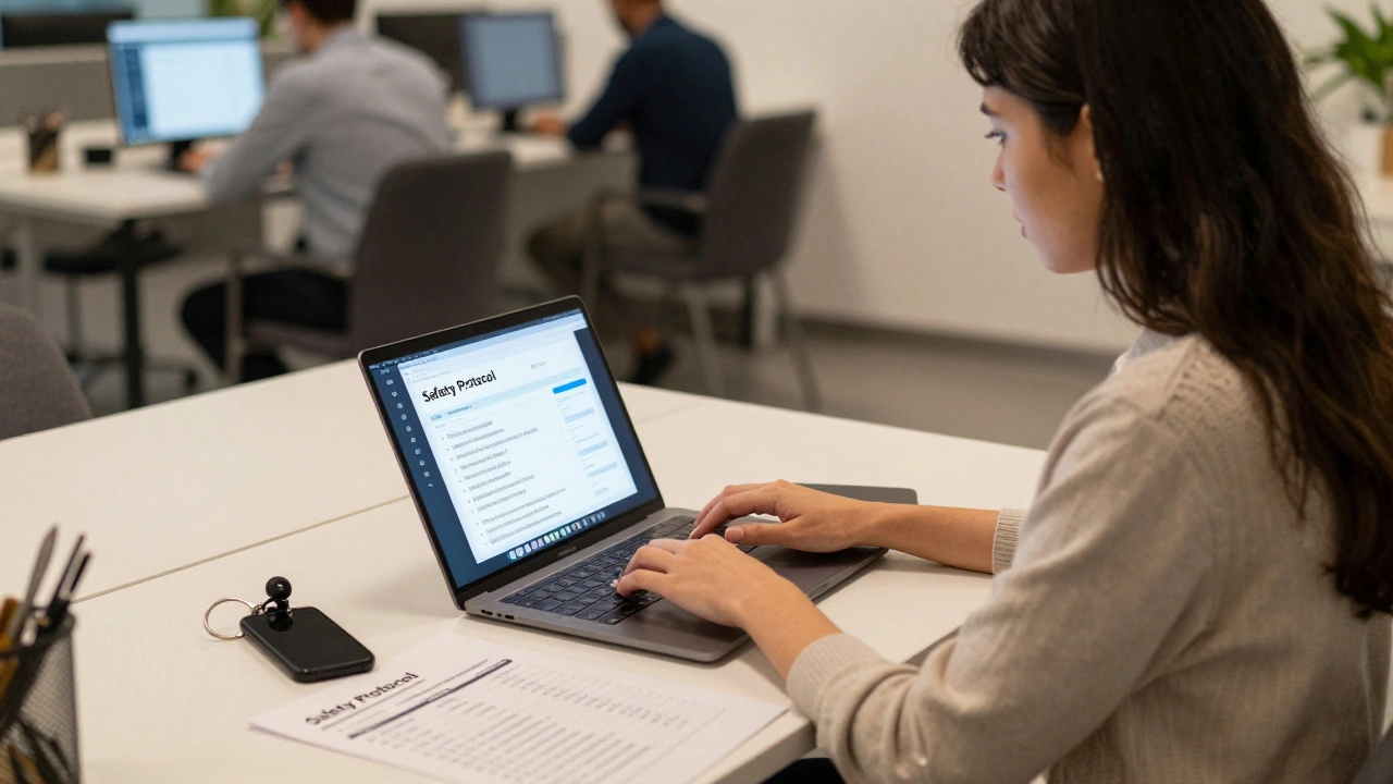 Independent worker at co-working space using safety checklist and encrypted apps.