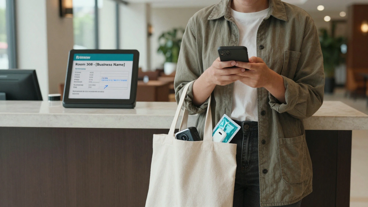 Individual in a hotel lobby holding a burner phone and tote bag, exuding professionalism and discretion.