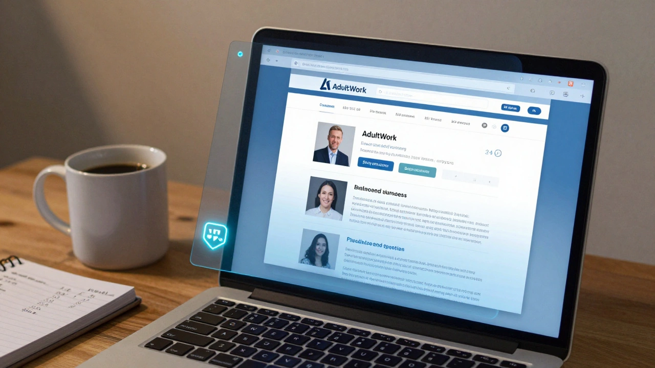 Laptop screen showing an escort service profile with VPN active, surrounded by business essentials on a desk.