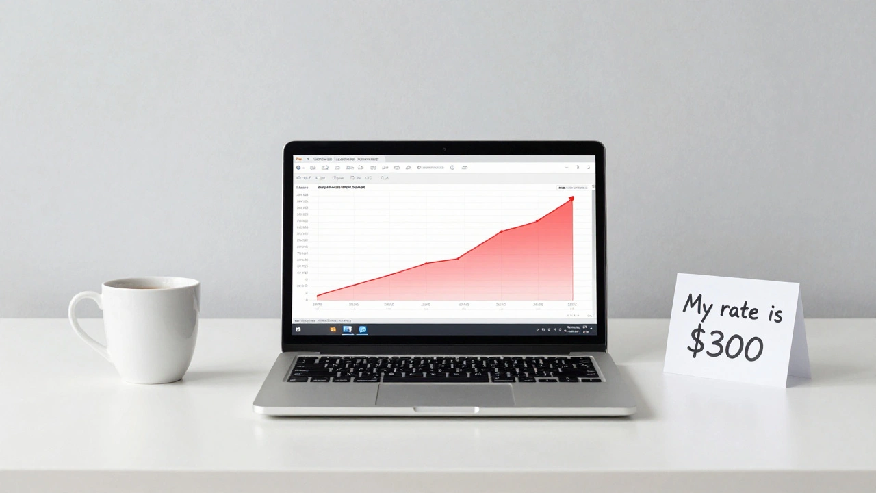 Minimalist desk with pricing spreadsheet showing rising income, note reading &#039;My rate is 0&#039;.