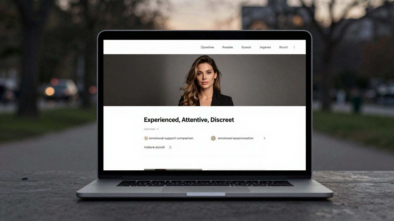 Minimalist escort profile on a laptop with warm urban backdrop, conveying professionalism.