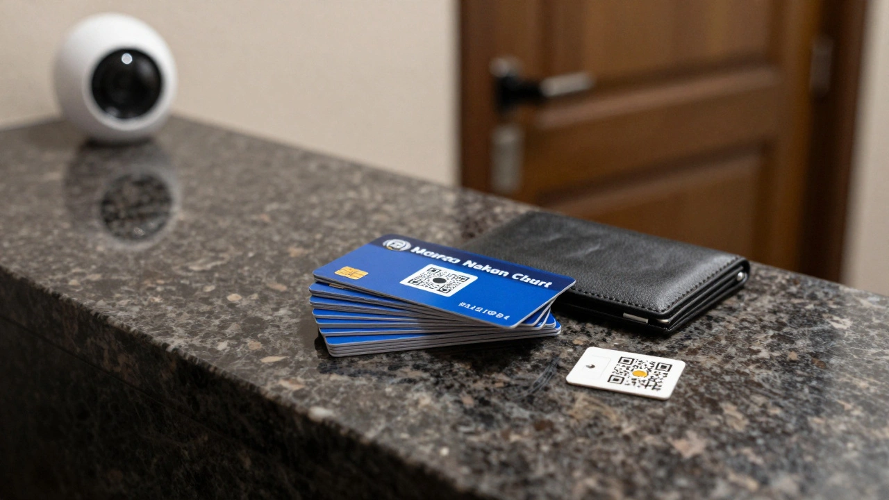 Prepaid cards and a crypto wallet QR code lie beside a used SIM card on a marble surface.
