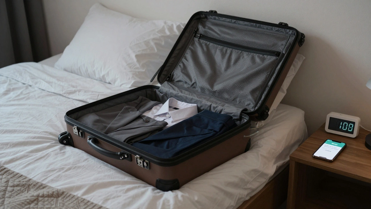 Quiet rented apartment with appointment timer and verified client message on smartphone, evening lighting.