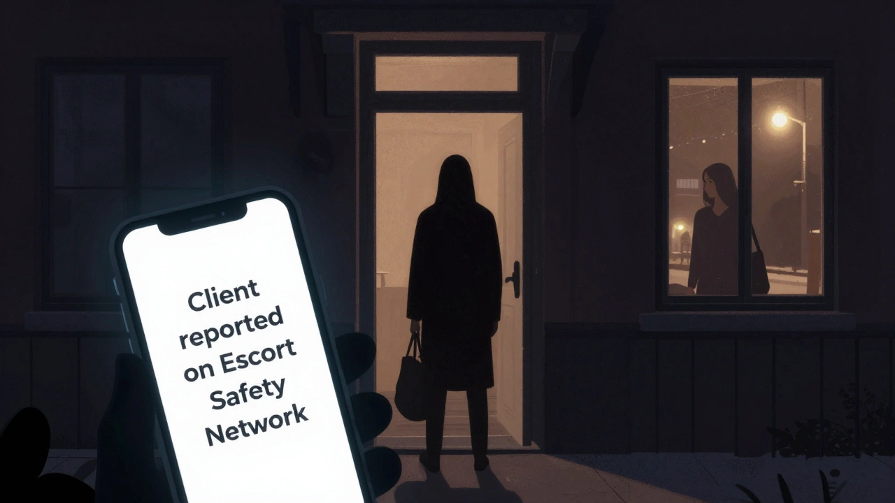 Shadowy figure at dark apartment entrance while smartphone shows safety warning