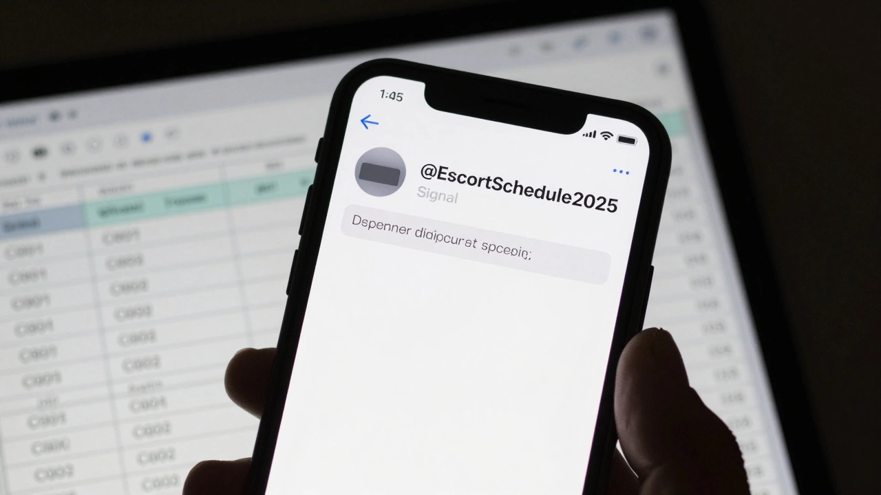 Smartphone screen showing encrypted messaging app and coded client spreadsheet.