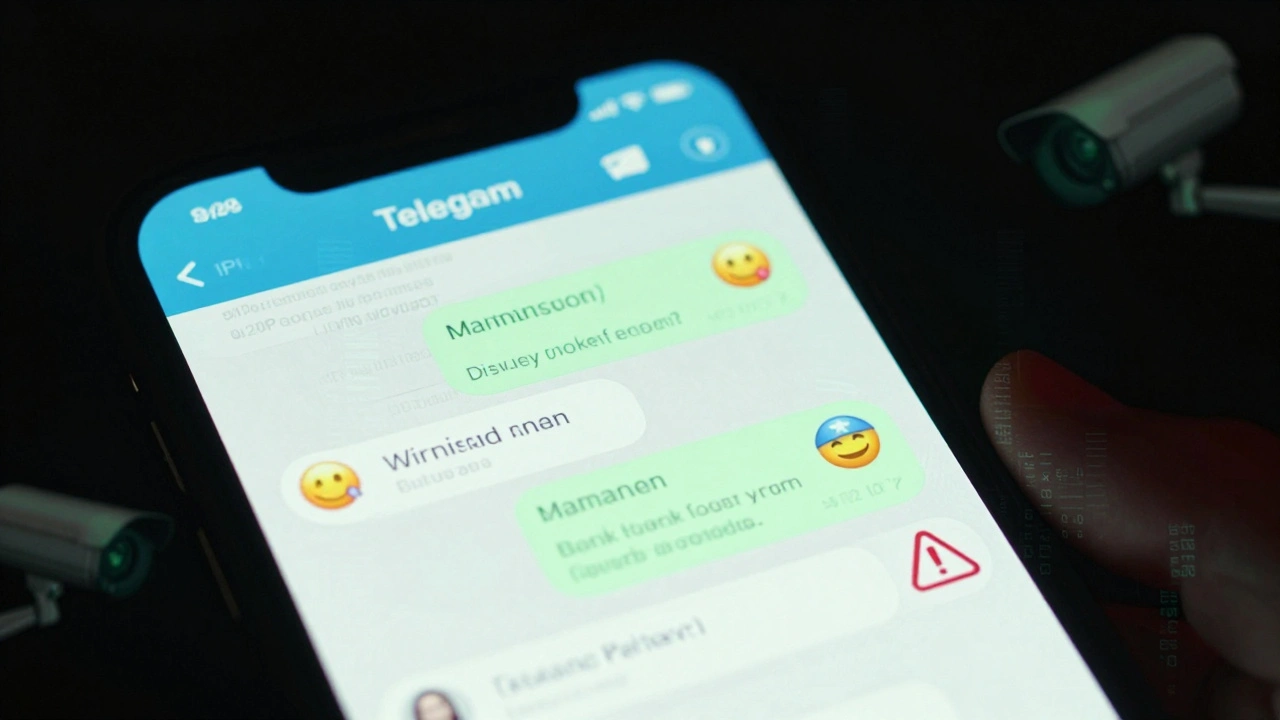 Smartphone screen showing Telegram chats and payment logs with digital surveillance indicators overlayed.