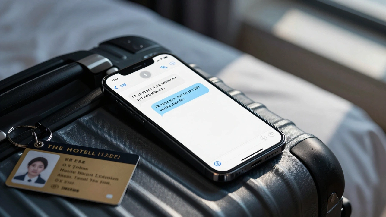 Smartphone showing scam message on hotel bed with fake ID and keycard.