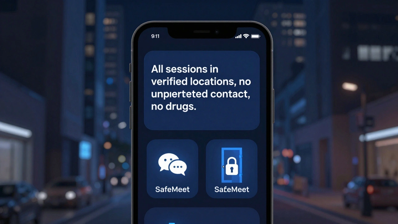 Smartphone showing secure boundary message with SafeMeet app icons and locked door symbol.