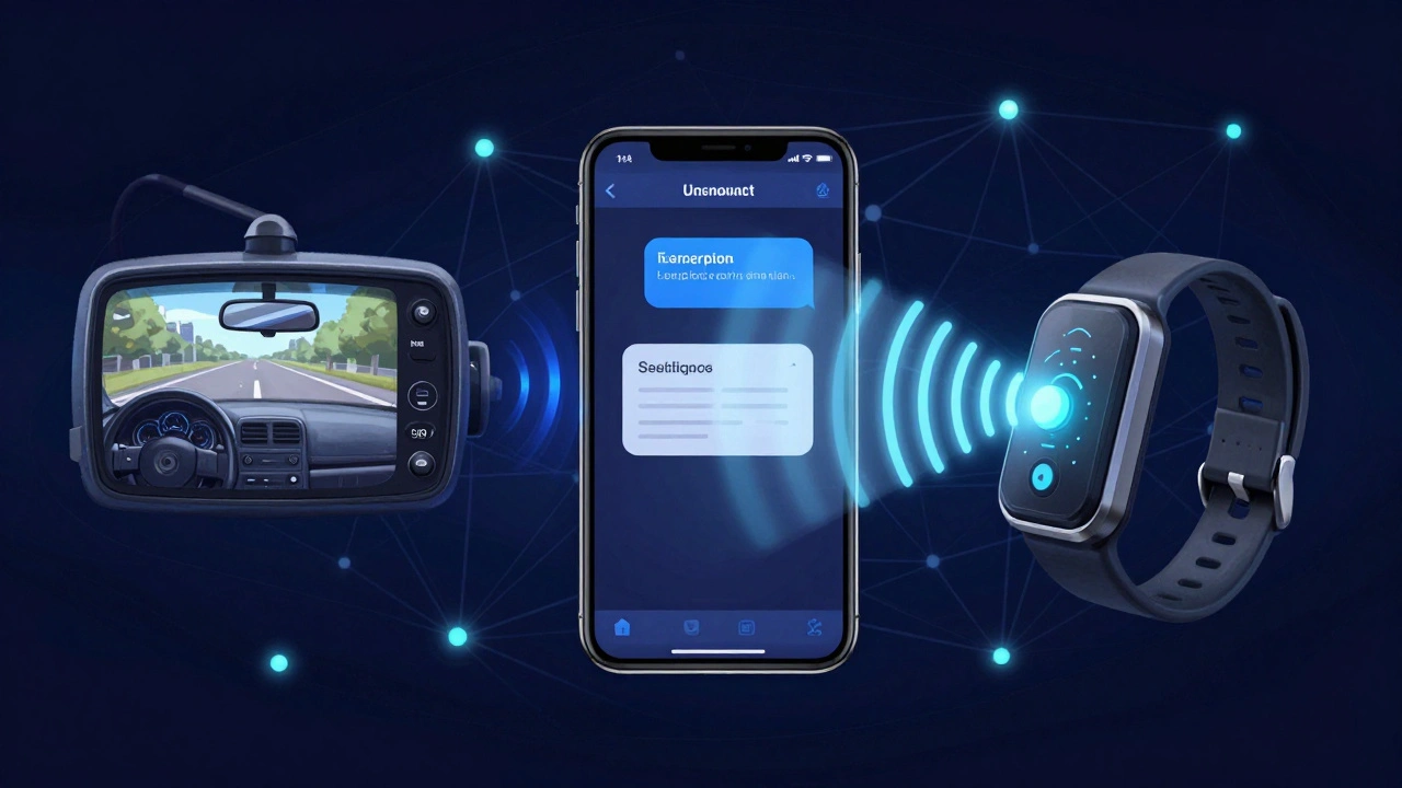 Three safety devices—dashcam, encrypted app, and panic button—connected by glowing network lines in a stylized digital illustration.