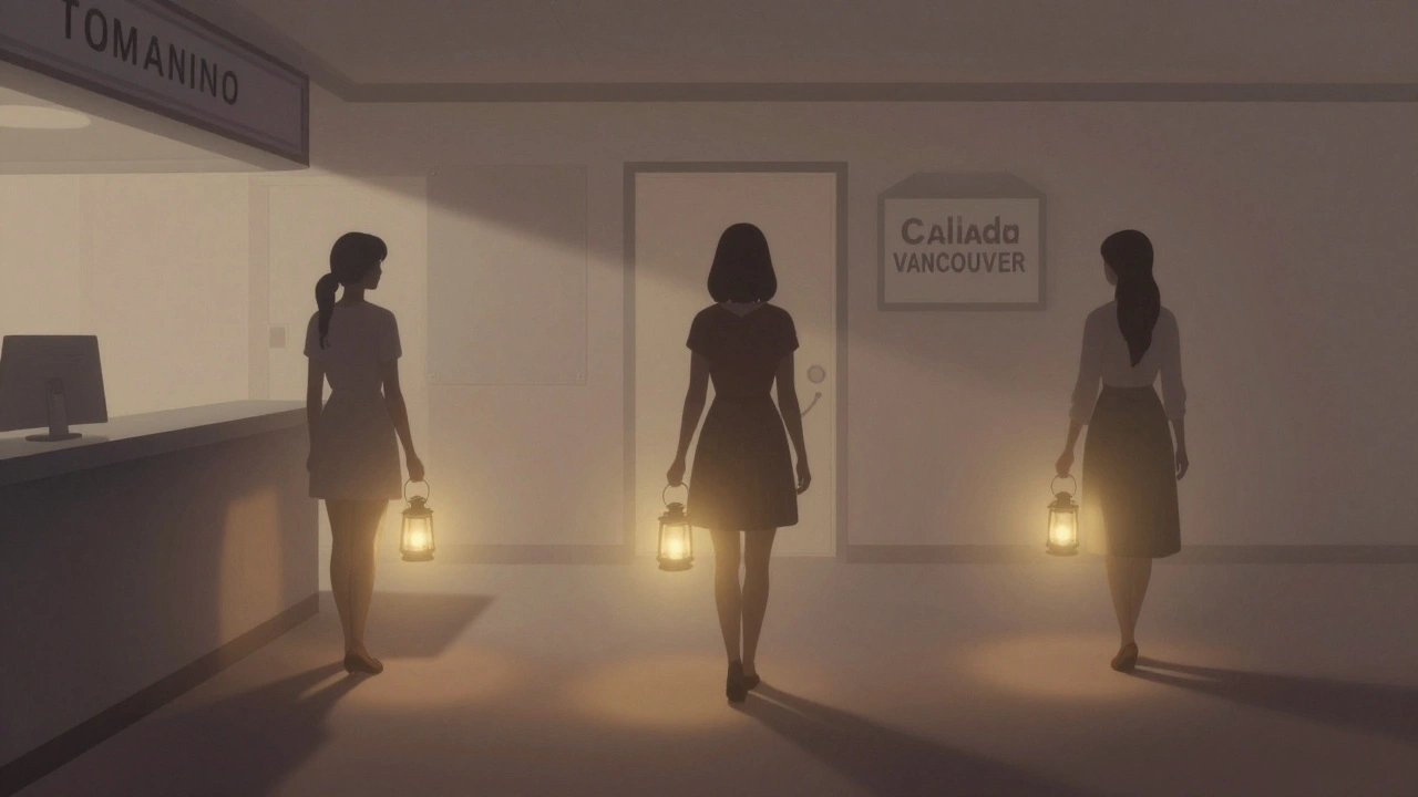 Three women in silhouette holding lanterns in a dark space, with faint barriers behind them, symbolizing solidarity.