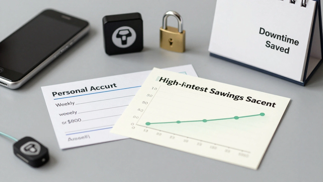 Two bank accounts shown side by side with work-related tools and a downtime calendar nearby.