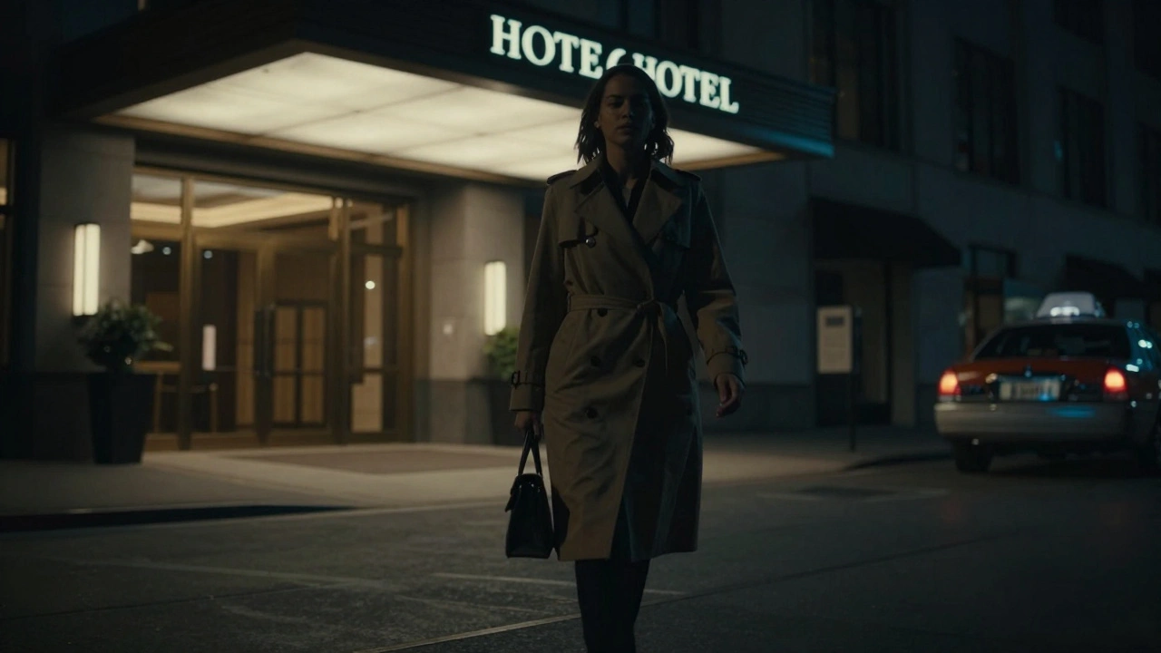 Woman entering hotel lobby at night, trench coat, face in shadow, taxi pulling away.