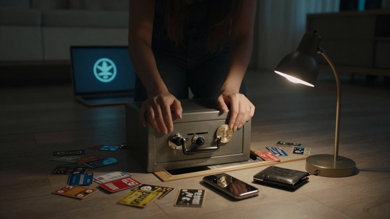 Woman hiding a safe in her Dubai apartment with burner phone and crypto wallet nearby.