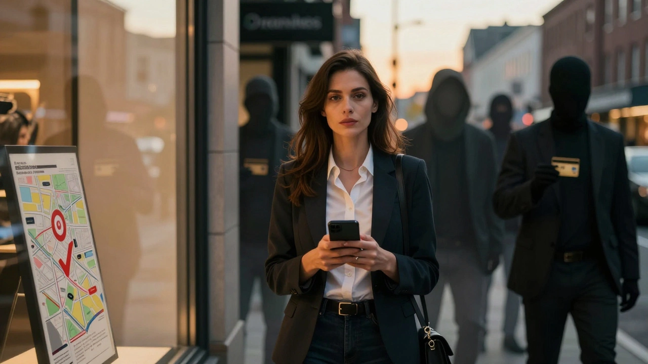 Woman in city street, reflection shows safety check-in point, scammers fading in background.