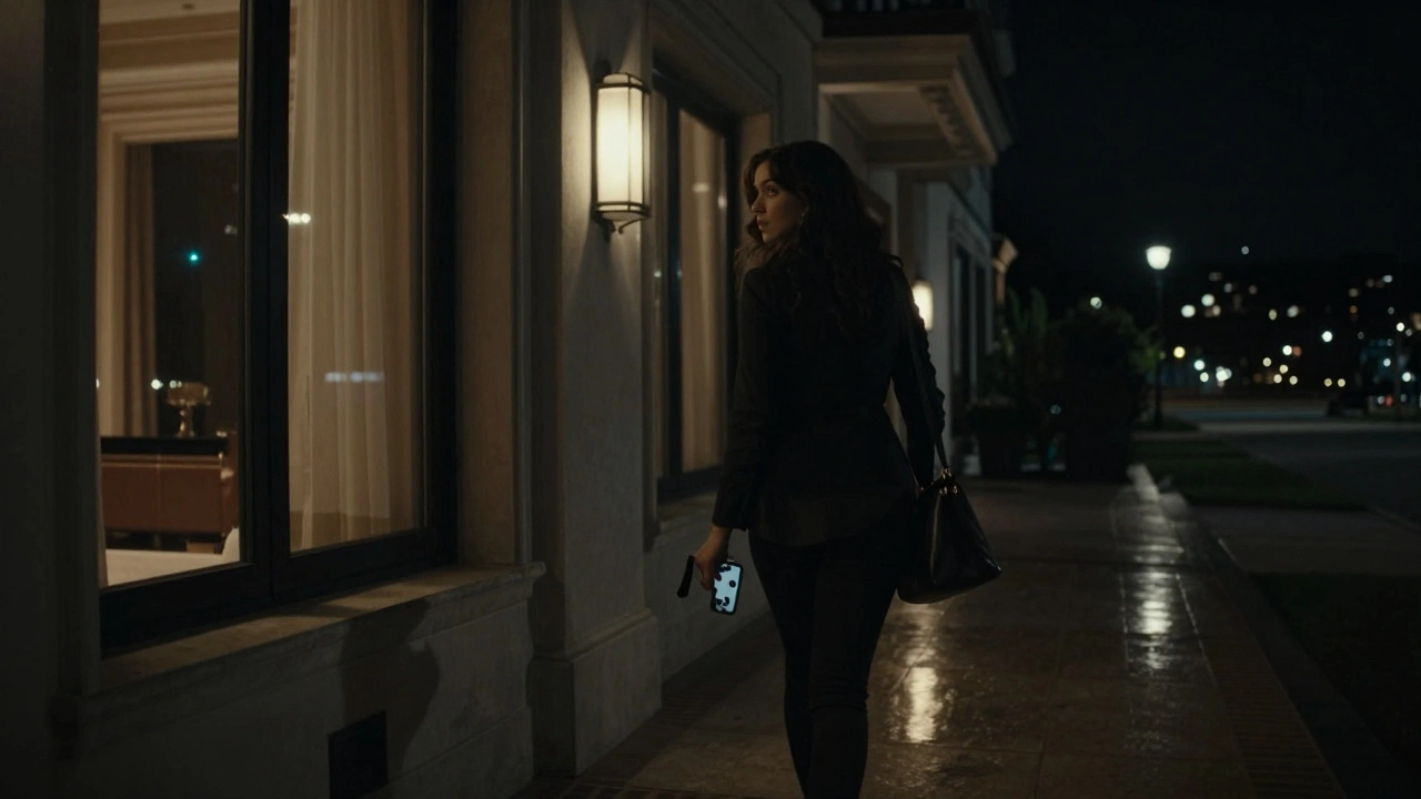 Woman leaving villa at night, noticing hidden camera, carrying keys and phone.