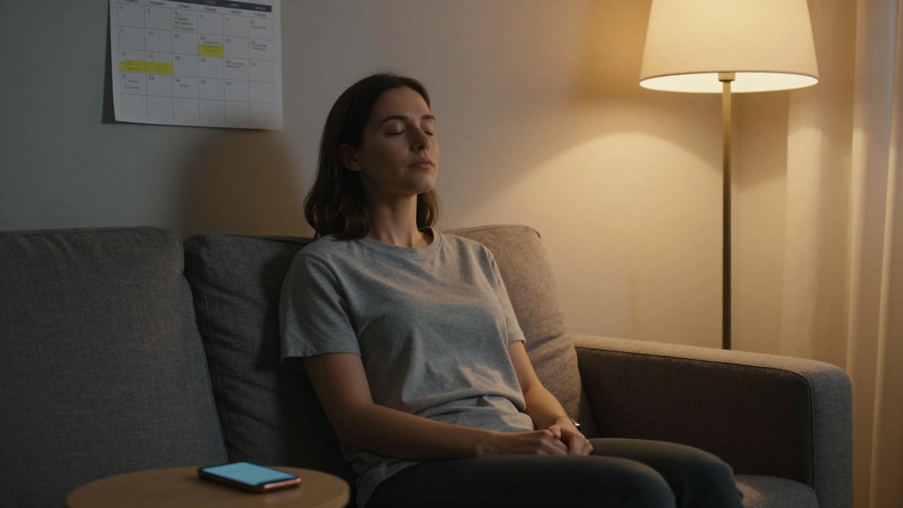 Woman meditating quietly in the evening, burner phone face-down, after a busy workday.