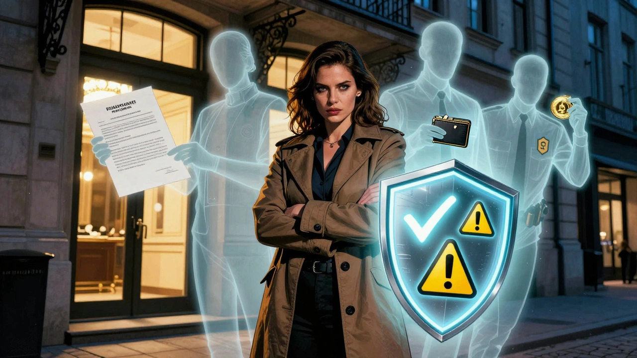 Woman standing confidently outside a hotel, repelling ghostly scammer figures with protective symbols.