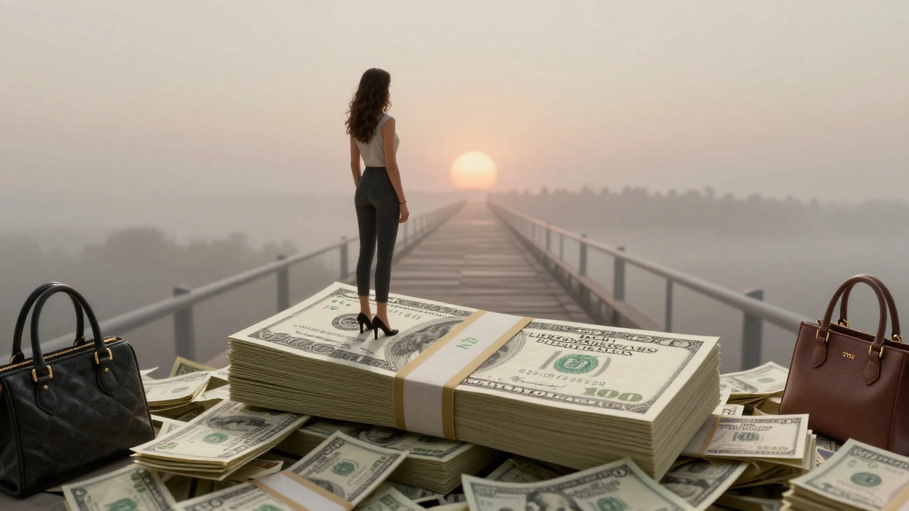 Woman standing on a bridge of money labeled with smart investments, fading chaos behind her.