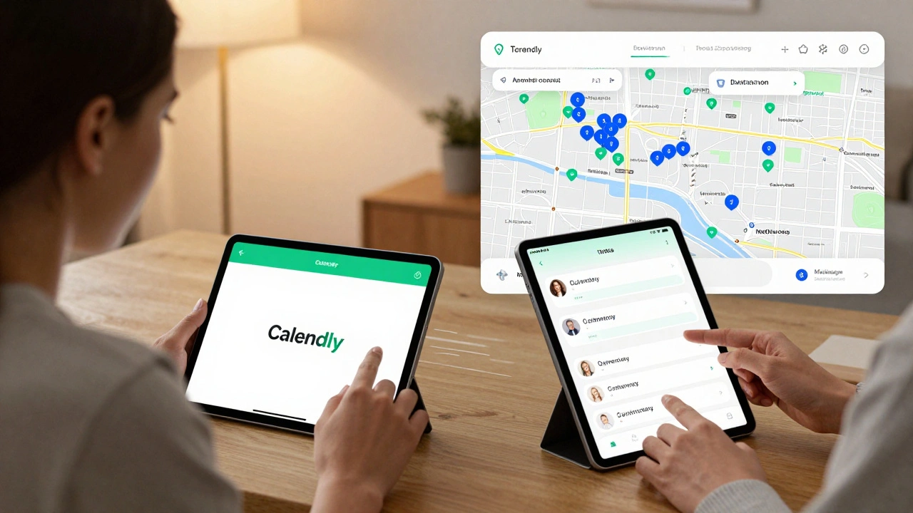 Woman using a booking app while a client selects a time slot, with clustered location map overlay.