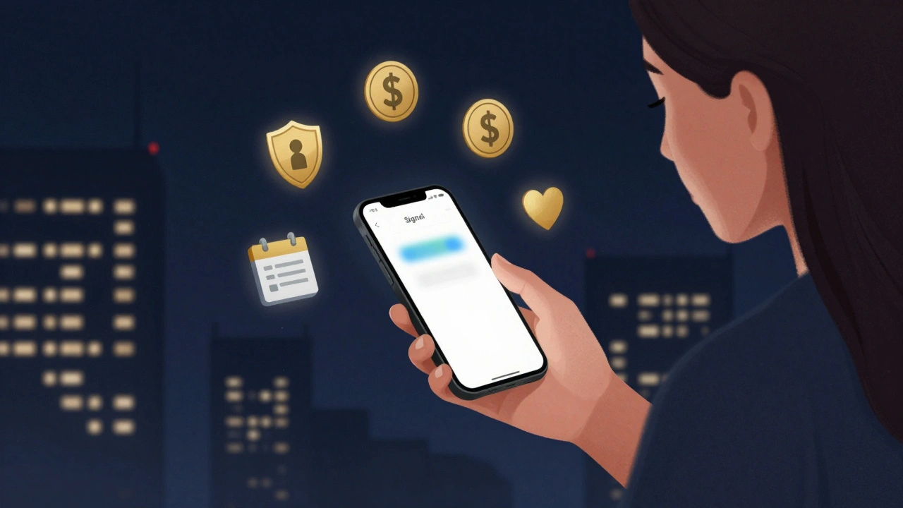 Woman using encrypted messaging app with safety and business icons floating around her phone.