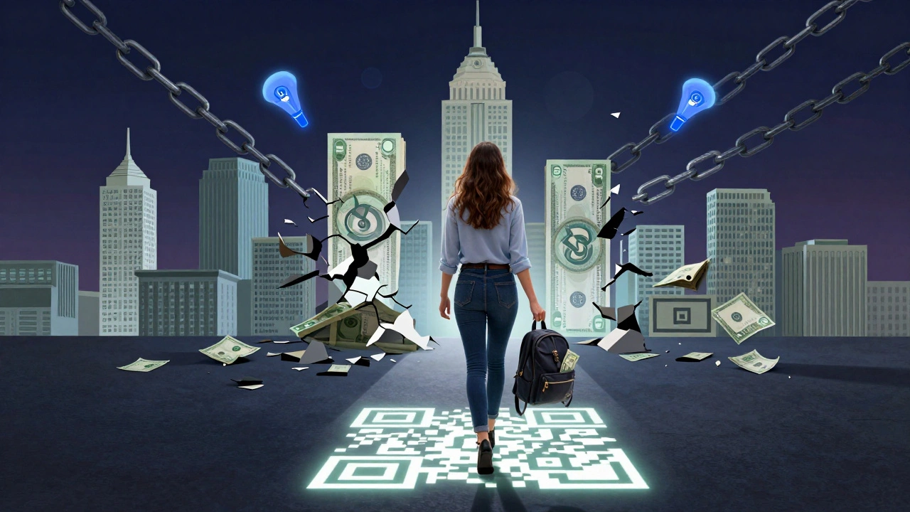 Woman walking away from collapsing financial symbols, holding cash stash on glowing path.