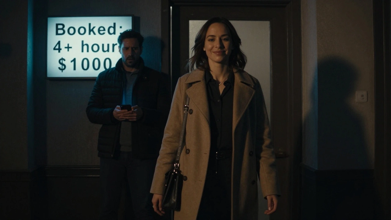 Woman walking away from doorway as client stands shocked, sign reads &#039;Booked: 4+ hours, 00&#039;.