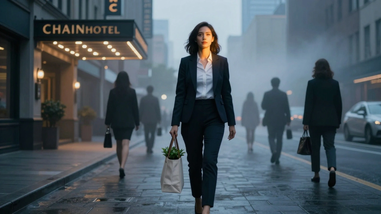 Woman walking confidently away from a hotel at dusk, symbolizing transition and personal growth.
