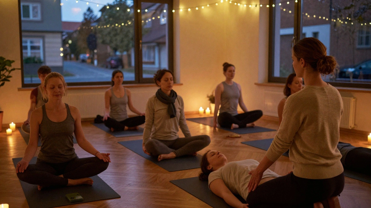 A calming yoga session for adult workers in a softly lit private studio.