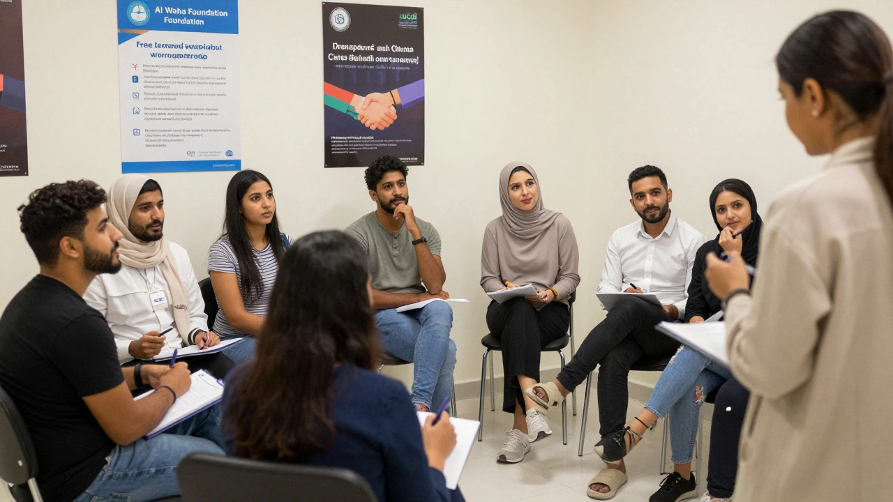 A group of people in a Dubai community center attending a free career workshop with supportive counselors.