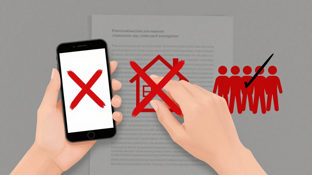 A hand crossing out red symbols representing phone ads, homes, and groups, over faint legal text.