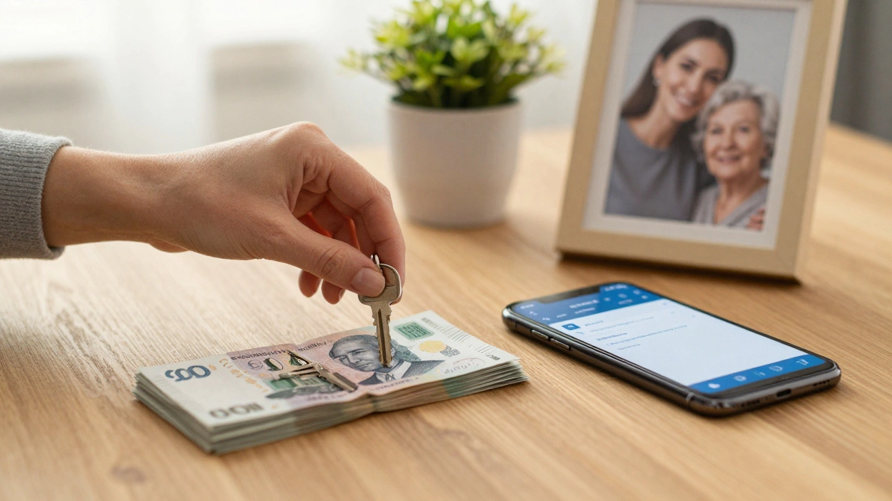 A key and payment confirmation on a table beside a photo of a woman and her mother, symbolizing independence.