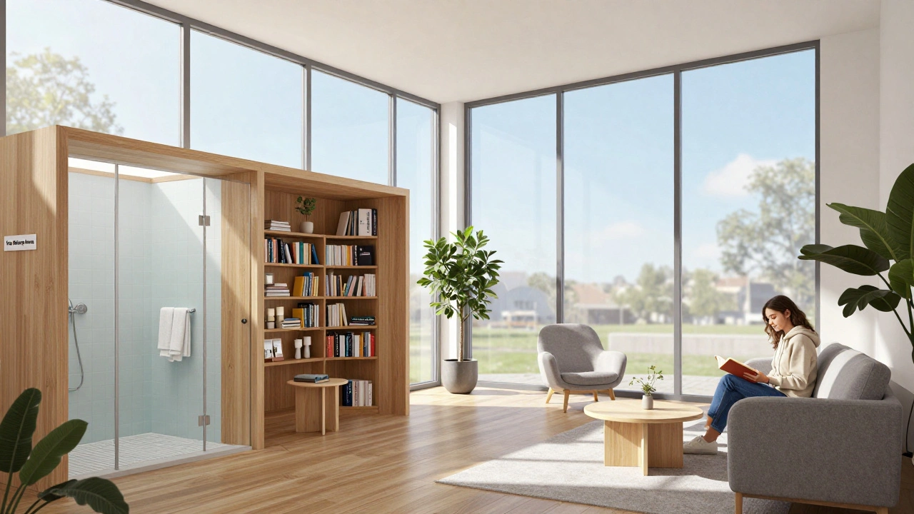 A peaceful community center space designed for rest, reading, and healing.