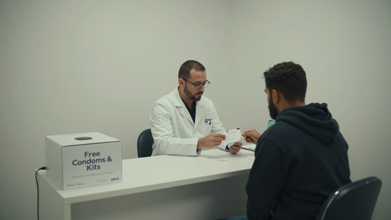 A person receives a confidential STI test kit in a private clinic with no identifying signs or logos.