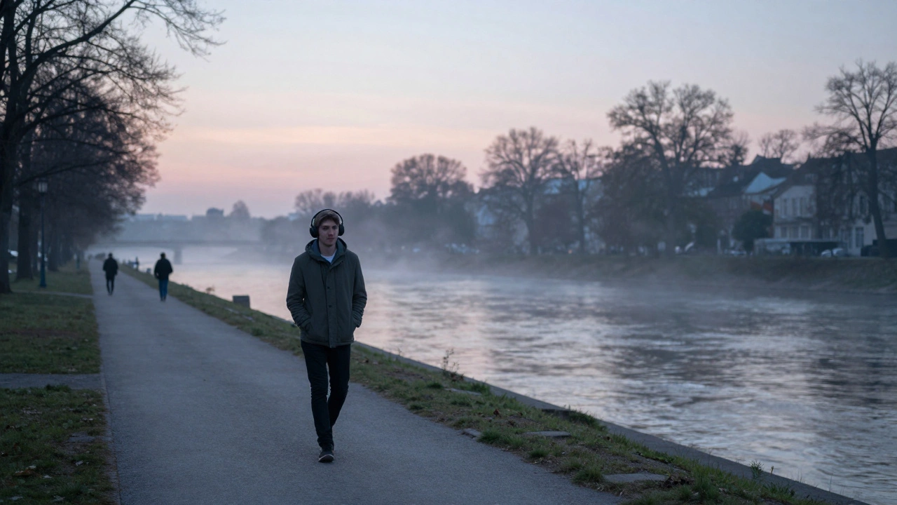 A person walking peacefully along the Isar River at sunrise, reconnecting with themselves after work.