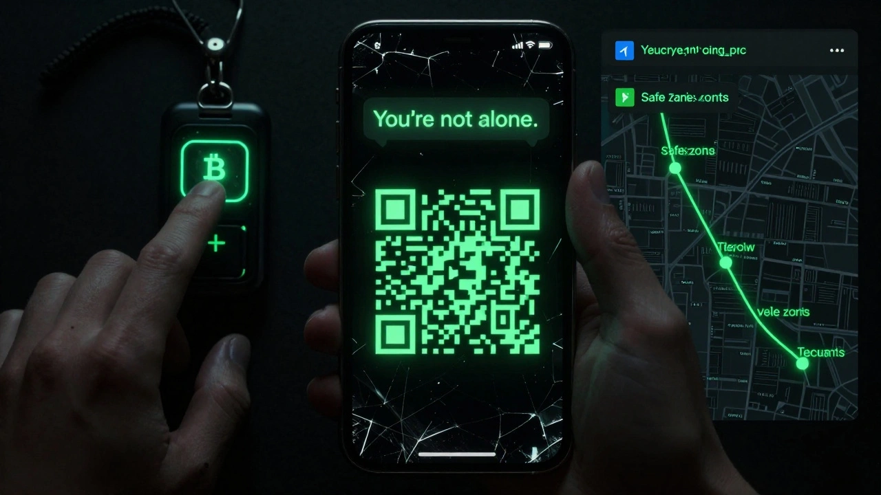 A phone screen showing an encrypted message and Bitcoin QR code, with a panic button in the foreground.