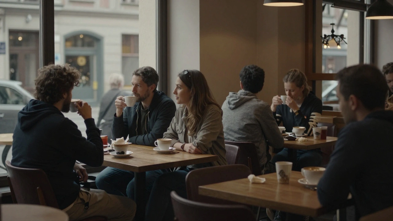 A quiet group of adult workers meeting in a Munich café, sharing silent solidarity over coffee.