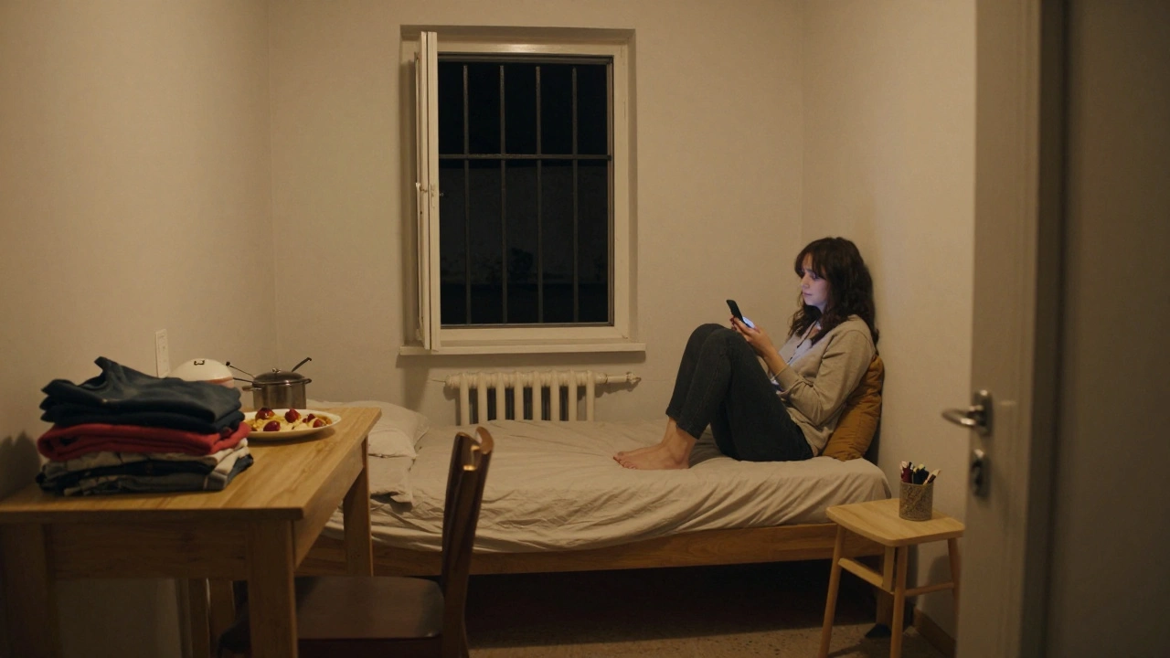 A quiet safe room with a bed, food, and clean clothes, offering temporary shelter to a worker in need.