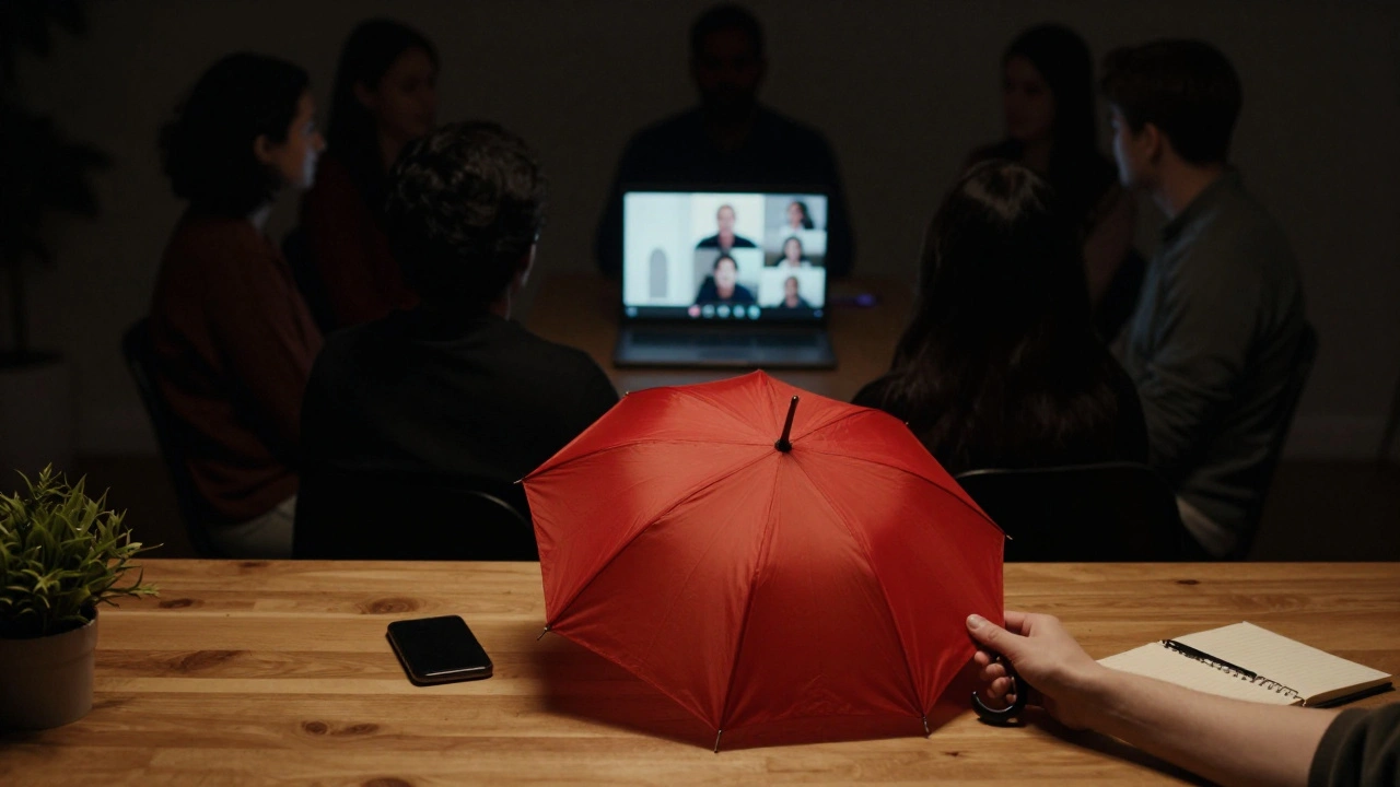 A red umbrella rests on a table with a notebook and plant, while a silent Zoom call connects others in shared support.