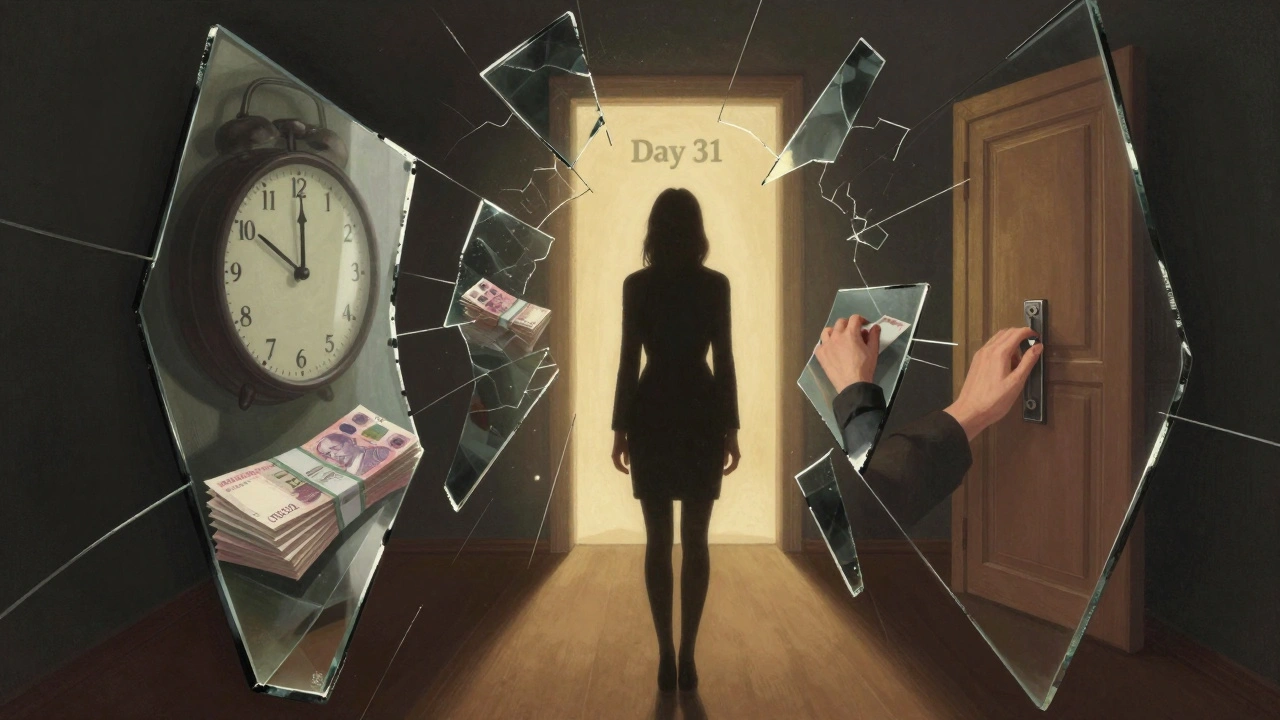 A woman's silhouette in a fractured mirror, each shard reflecting challenges and growth from her first month in adult work.