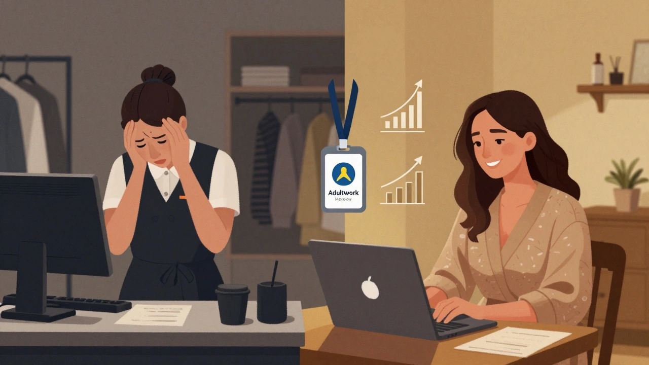 A woman's transformation from retail job exhaustion to empowered adult work in a cozy apartment.