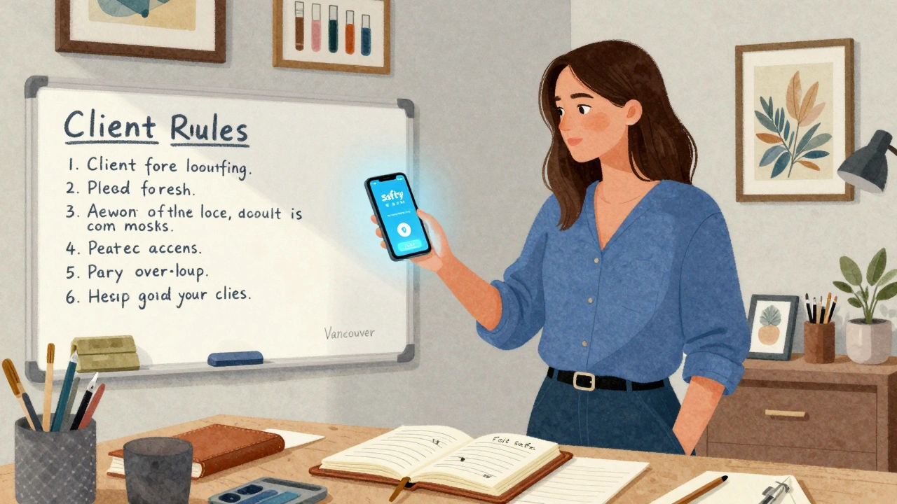 A woman in her apartment stands beside a safety logbook and whiteboard, surrounded by art supplies and a glowing phone.