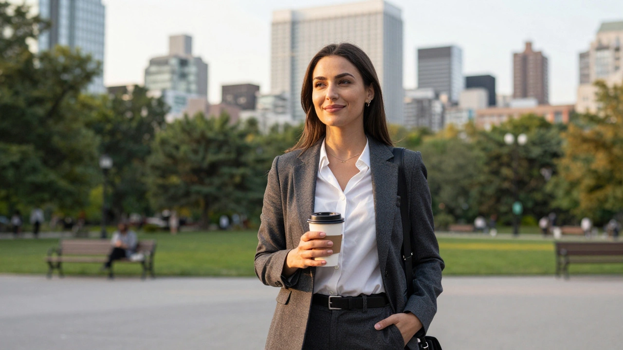 A woman smiling naturally in a Toronto park holding coffee, dressed casually, in golden hour light.