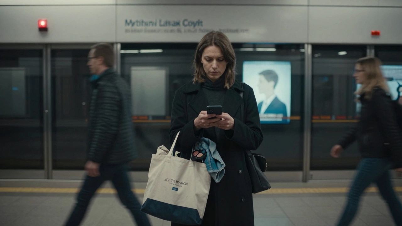 A woman waits at a Moscow metro station, holding work essentials, glancing nervously at her phone as commuters pass.