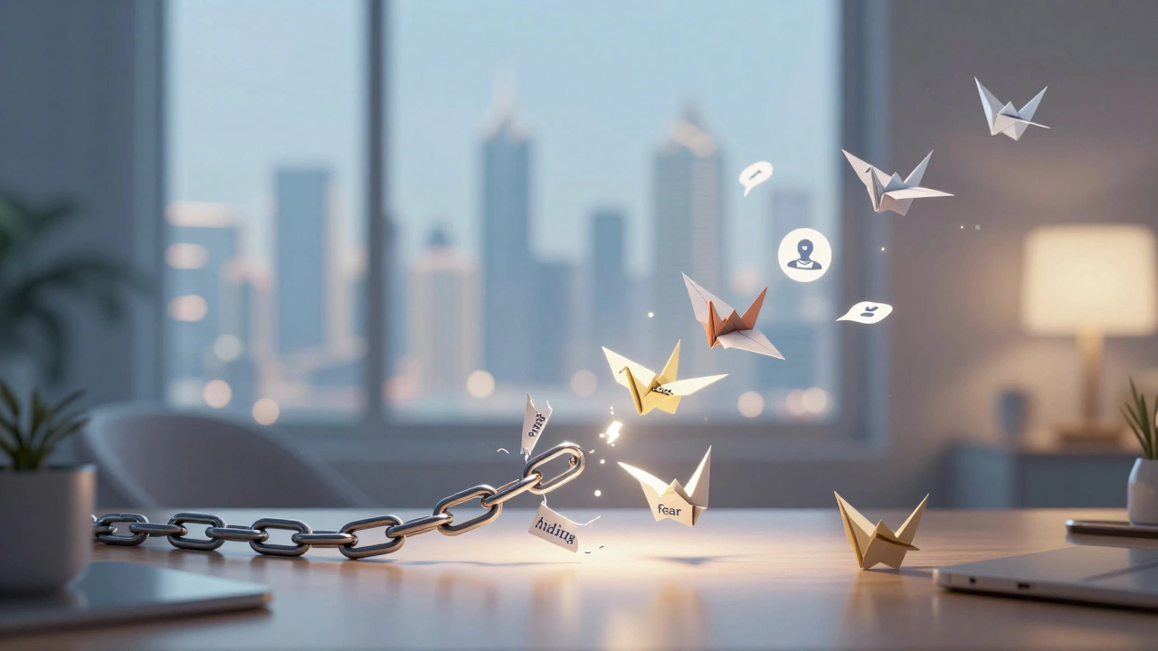 Broken chain dissolving into paper cranes that become career icons above a desk.